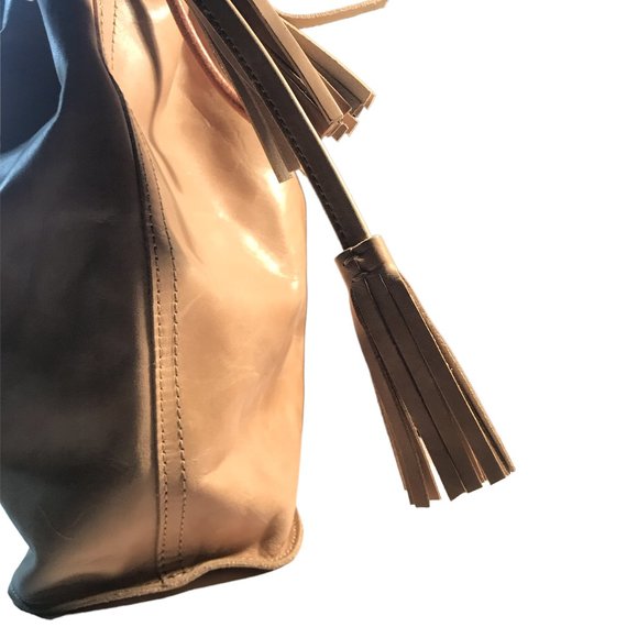 MONSERAT De LUCCA Sacha Beige Sand LEATHER Tassel Drawstring Fringe Bucket Bag! - Picture 11 of 13